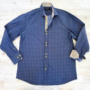 Coogi Luxe Printed‎ Long Sleeve Dress Shirt | Blue/Gold Size M 15.5/16